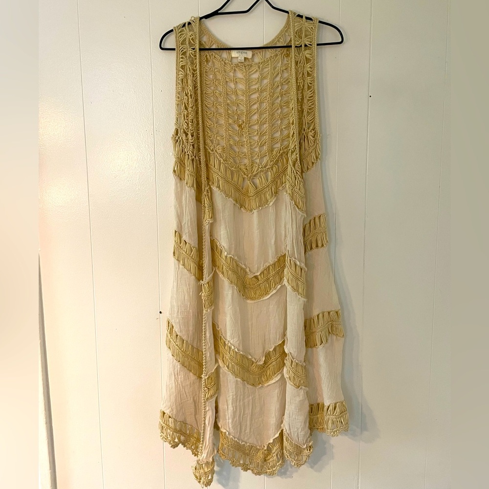 Umgee Crochet Fringe Cream and Tan Open Vest (S)